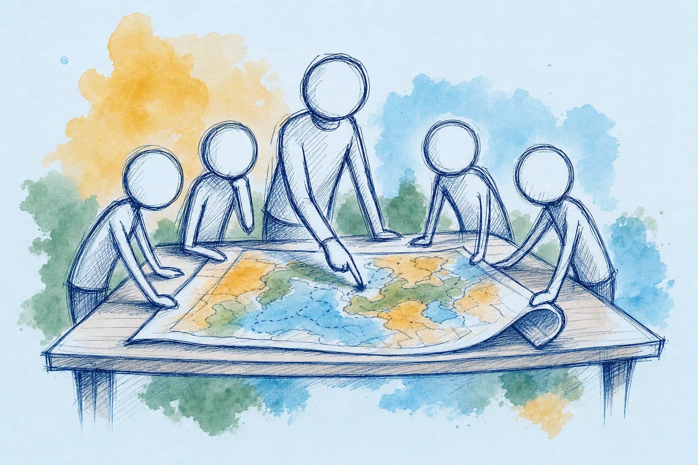 Ink sketch: a stick-figure teacher points at a large unrolled map while four figures lean in around the table, one holding down a curling corner.