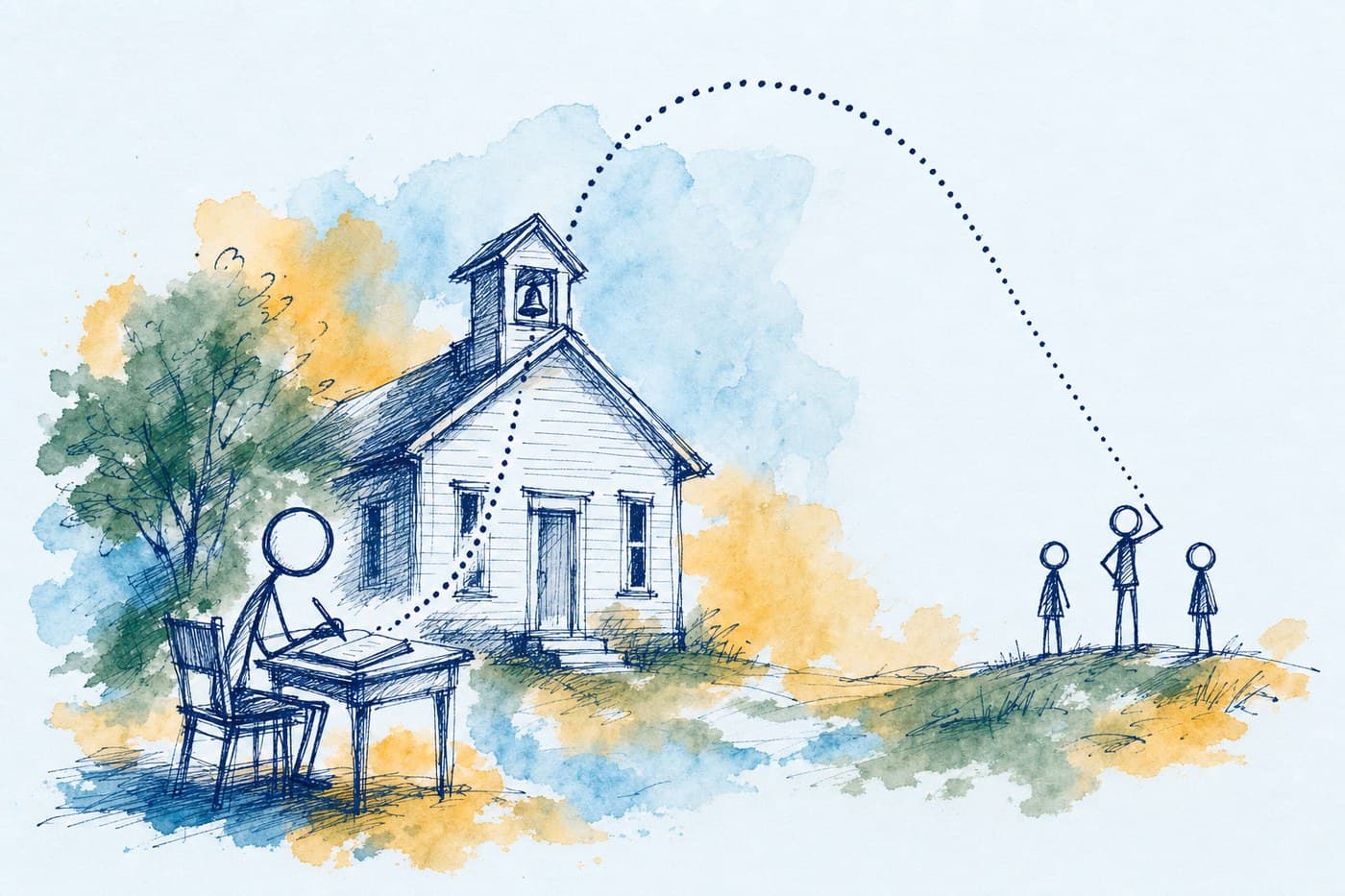 Ink sketch: a stick figure writes at a desk beside a small schoolhouse while a dotted line rises from the notebook, arcs over the roof, and reaches three distant figures.