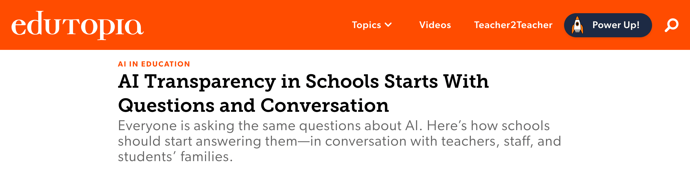 The Edutopia article headline, AI Transparency in Schools Starts With Questions and Conversation.
